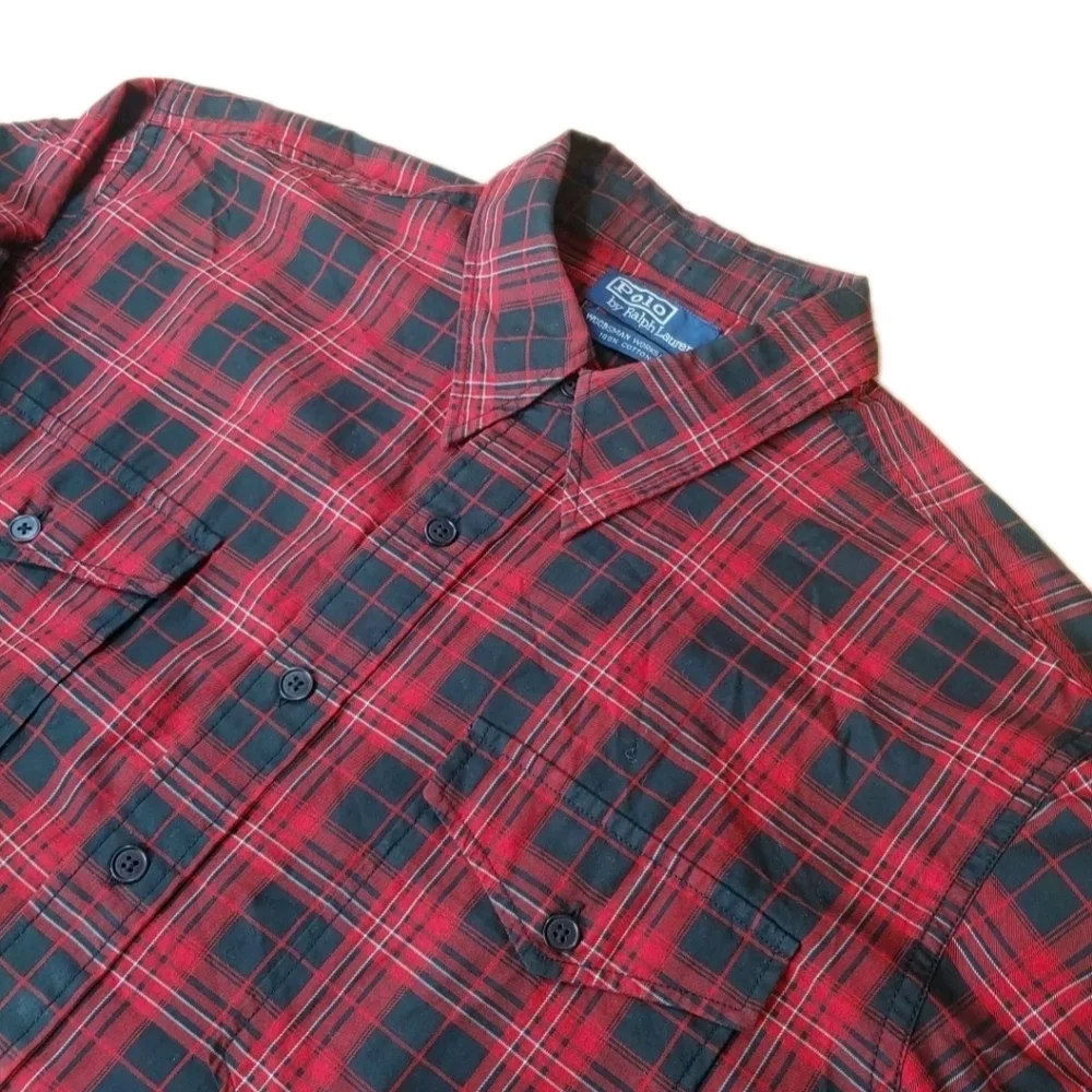 Polo Ralph Lauren Woodsman Workshirt Large Red Plaid Woven Cotton Button Vtg 90s